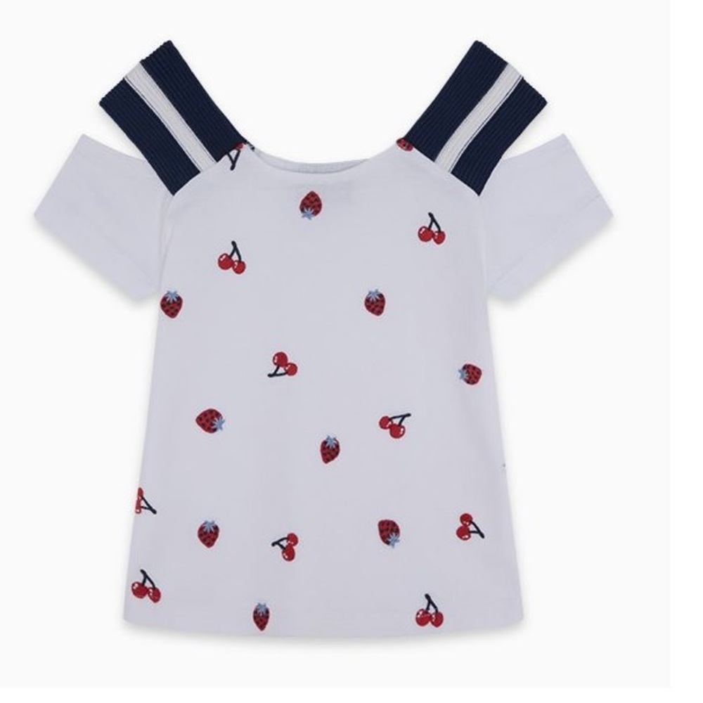 Girls White Cold-Shoulder Tee with Cherry Print and Navy Straps